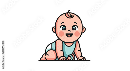 Adorable cartoon infant with a joyful expression, crawling happily on a clean white background, embodying innocence and new beginnings