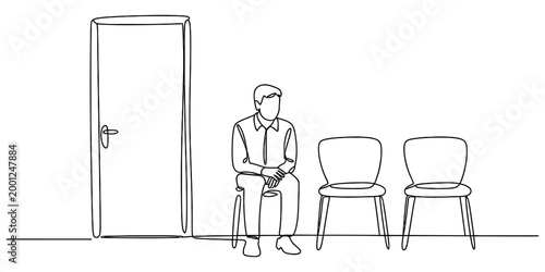 A man sitting on a chair in a waiting room next to a closed door drawn in a continuous single line art style