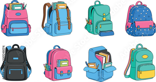 School backpacks collection with books and supplies vector illustration set colorful student bags in different styles isolated design pack