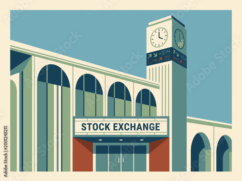 A large clock tower stands beside a stock exchange building exterior