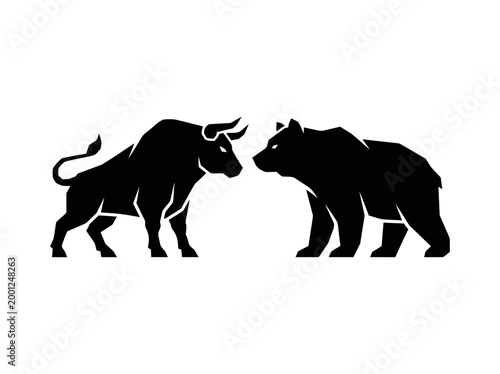 A bull and bear face each other in a confrontational stance on white background