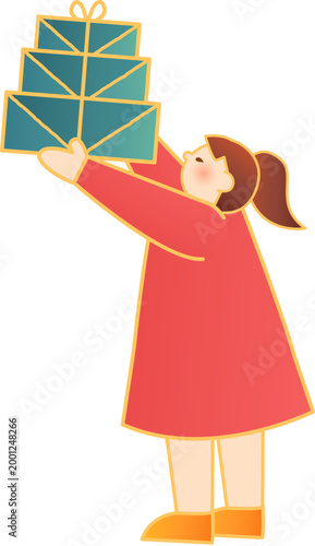 Girl giving a pile boxes of gift