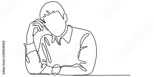 Continuous single line drawing of a thoughtful man sitting and resting his head on his hand in a pensive and creative office or study mood