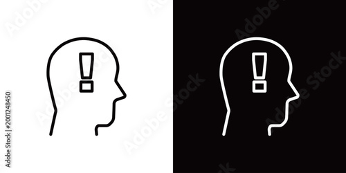 頭の中に感嘆符のラインアイコン。白い線と黒い線のモノクロベクターイラストセット