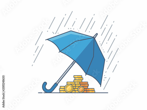 A blue umbrella protects a pile of gold coins on a rainy day outdoors.