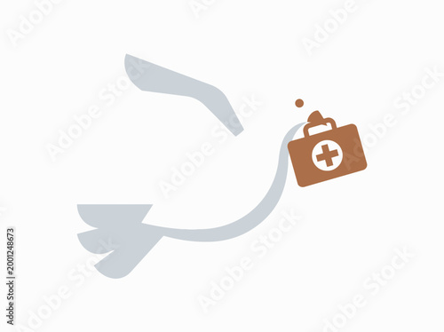 Bird flies with medical kit in air outdoors quickly free