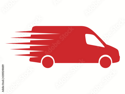A red van speeding down a road with motion lines behind it
