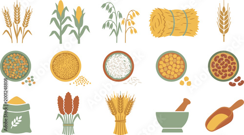 Grains and Cereals Vector Icon Set with Wheat, Corn, Rice, Lentils, Beans, Flour Sack and Food Ingredients for Agriculture and Organic Design