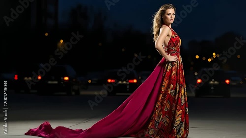 Elegant woman in a flowing red and gold gown posing confidently with a long train against a blurred urban night background.