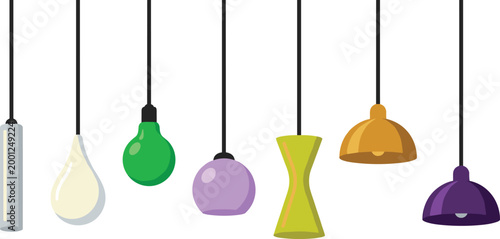 Modern Hanging Light Bulb and Lamp Collection Vector Set Featuring Decorative Pendant Lighting Fixtures for Interior Design Home Decor and Illumination Concepts