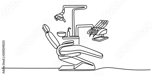 Continuous single line drawing of a dental chair and equipment in a clinic