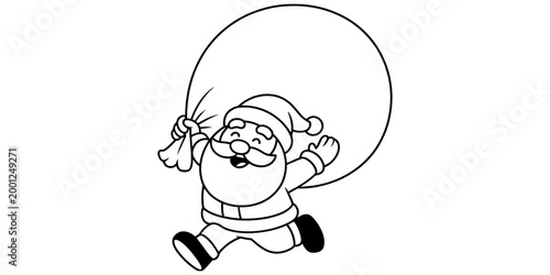 Happy santa claus running with a big heavy gift bag full of christmas presents for kids in a fun cartoon line art style for coloring book page activity