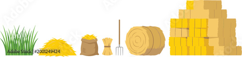 Farm Hay Bale and Straw Collection Vector Set Featuring Grass Bundle Sack Pitchfork and Stacked Bales for Agriculture Harvest and Rural Landscape Design