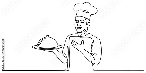Continuous line drawing of a happy male chef wearing a hat and apron holding a silver food serving platter with a cloche for a restaurant dinner menu
