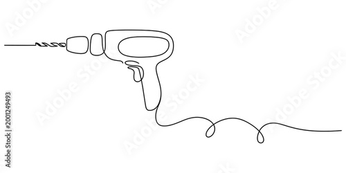 Continuous single line drawing of an electric power drill tool used for home improvement and construction projects in a simple minimalist art style