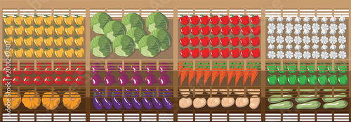 top view vegetables supermarket shop aisle or stall Flat vector isolated illustration design