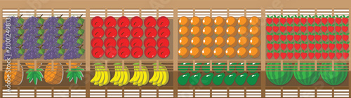top view Fresh fruit on wooden stall supermarket shop aisle vector design