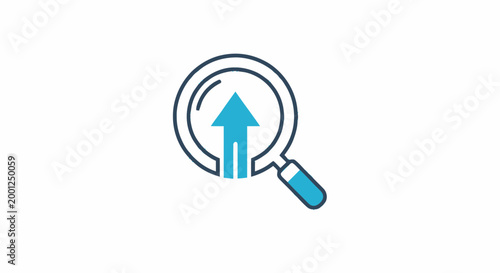 Magnifying glass with blue arrow.