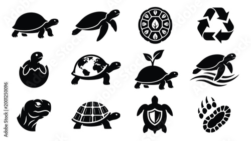 Black turtle icons on white background eco friendly symbols conservation and wildlife protection