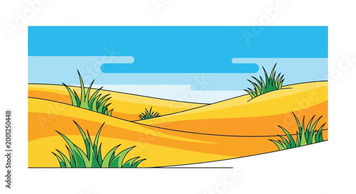 A desert landscape with sand dunes and grass