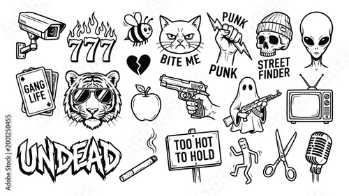 Collection of tattoo designs and symbols including skulls animals and abstract icons in black and white