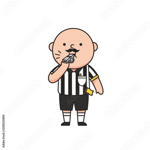 Cartoon Referee Whistling and Holding Yellow Card