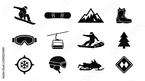 Winter sports icons set including snowboarding skiing and snowmobiling symbols