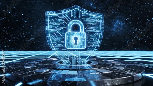 Digital Security Shield with Glowing Padlock and Circuitry.