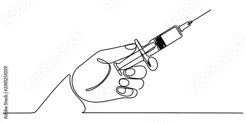 Continuous single line drawing of a human hand holding a medical syringe for vaccination or injection procedure in a simple minimalist art style