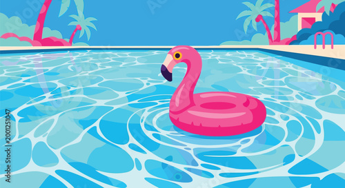 A pink flamingo pool float in a swimming pool