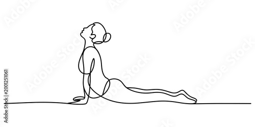 Woman doing yoga cobra pose in continuous single line drawing style for healthy lifestyle concept and meditation exercise illustration design