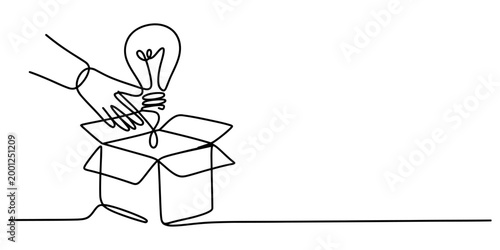 Continuous single line drawing of a hand putting a light bulb inside an open box representing creative thinking and finding a new idea or solution