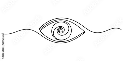 Minimalist continuous single line drawing of a human eye with a spiral pupil inside, simple black outline illustration for creative design projects
