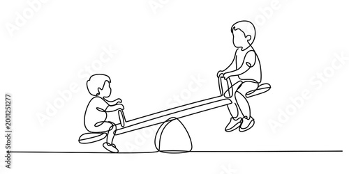 Two happy children playing together on a seesaw in a continuous line art drawing style for kids playground fun and active childhood activity illustration