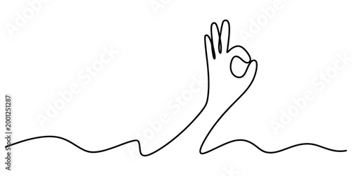 Continuous single line drawing of a hand showing an ok gesture sign as a minimal creative concept for success and agreement in a simple black style