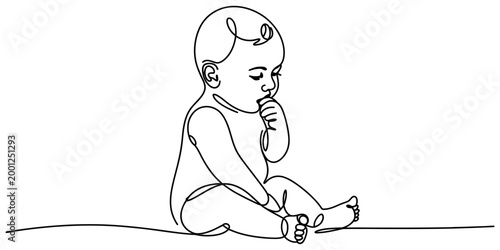 Cute baby sitting and sucking thumb drawn in a simple continuous line art style