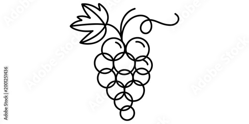 Simple black line drawing of a bunch of grapes with a leaf and a vine stem