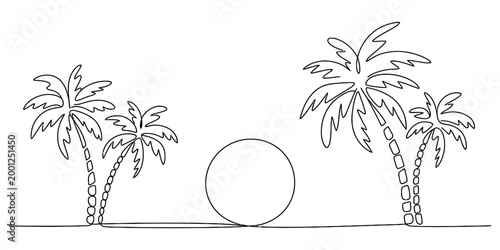 Continuous single line drawing of tropical palm trees and a round sun setting on the horizon on a summer beach vacation landscape