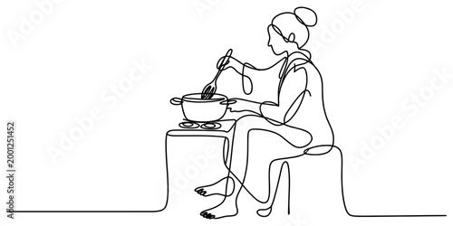 Continuous single line drawing of a woman cooking food in a pot on a stove in the kitchen