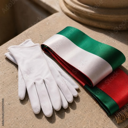 Italian flag colors sash and white gloves near a colonnade detail