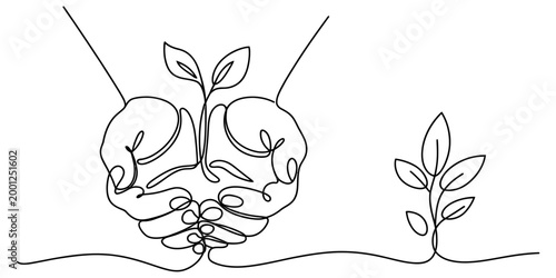 Continuous single line drawing of human hands holding a small young plant and another small sprout growing nearby representing nature and growth