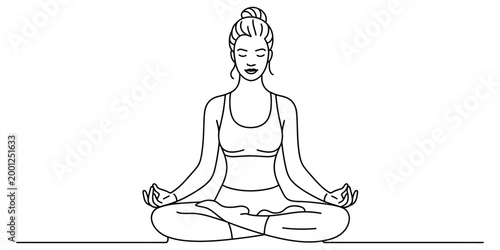 Young woman sitting in a lotus yoga position meditating with closed eyes in a simple black and white line art drawing illustration for wellness and health