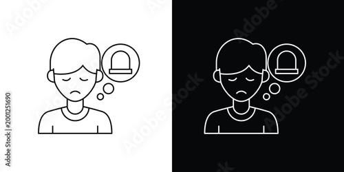 Vector icon of a person feeling anxious, with a thought bubble showing an alarm, symbolizing stress, worry, and internal distress