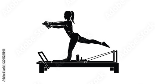 woman performing pilates exercise on reformer machine silhouette high quality professional detailed modern elegant stylish clean crisp vibrant colorful digital creative