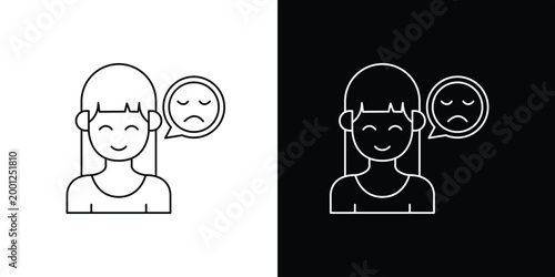 Unhappy girl icon with sad emotion on face and speech bubble