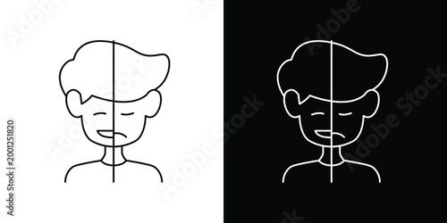 Vector line art icon illustrating the complexities of human emotion with a split face design, representing contrasting feelings and internal conflict on dual backgrounds