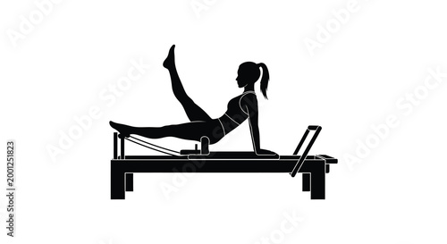 woman performing pilates exercise on reformer machine silhouette high quality professional detailed modern elegant stylish clean crisp vibrant colorful digital creative