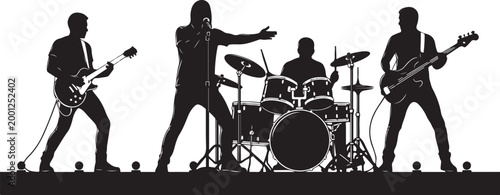 Black silhouettes of four musicians playing guitars and band