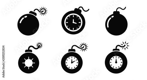 bomb icons with clock and fuse silhouette