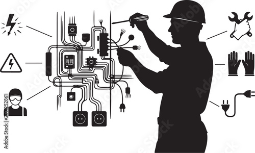 Electrician working on electrical panel with safety symbols